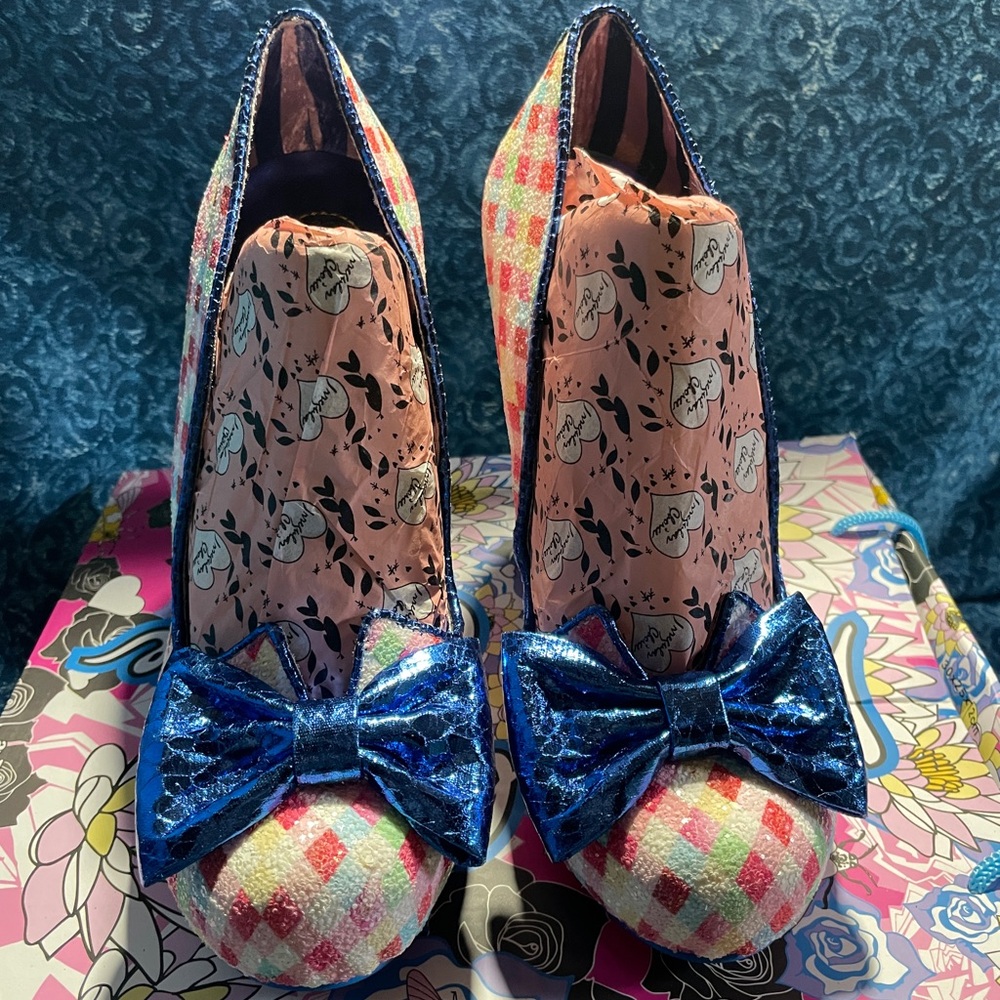 Colorful Checkered Women's Heels with Blue Bow